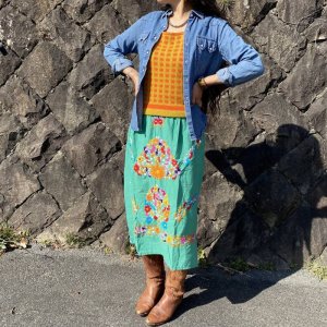 画像1: 『SOLリメイク』70's Vintage  フラワー刺繍　スカート （グリーン）