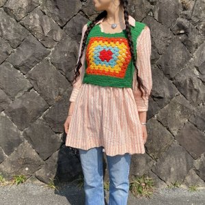 画像1: OLD Handmade granny knit Vest（グリーン）