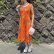 画像1: 70's Vintage Jersey Flower柄 ノースリーブ ドレス (オレンジ×ブルー) (1)