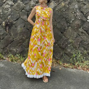 画像1: 70's Vintage Hawaiian ドレス (マスタード×ピンク)