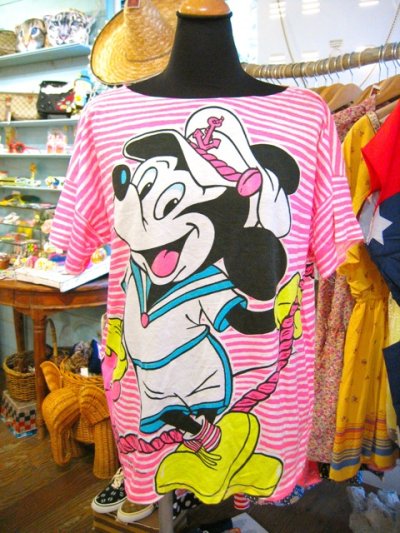画像1: USED  Mickey　マリンボーダー　Tシャツ （ピンク）