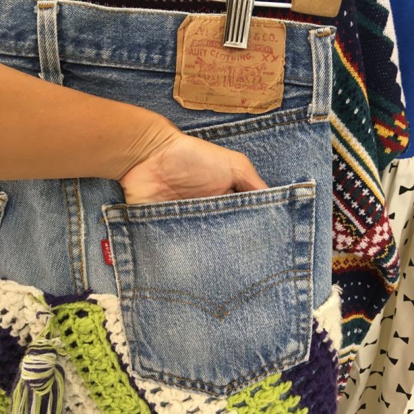 画像7: 『SOLリメイク』Levi's 501デニム ニットドッキング スカート W27 (キミドリxパープル) (7)