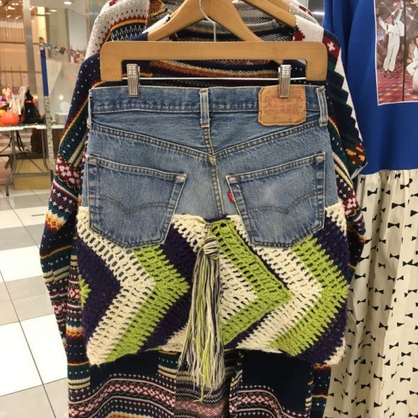 画像6: 『SOLリメイク』Levi's 501デニム ニットドッキング スカート W27 (キミドリxパープル) (6)