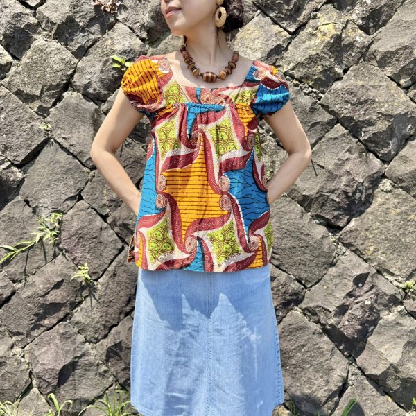 画像1: OLD African Batik チュニック（オレンジ×ブルー×etc） (1)