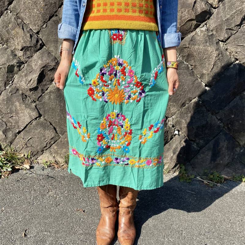 SOLリメイク』70's Vintage フラワー刺繍 スカート （グリーン ...